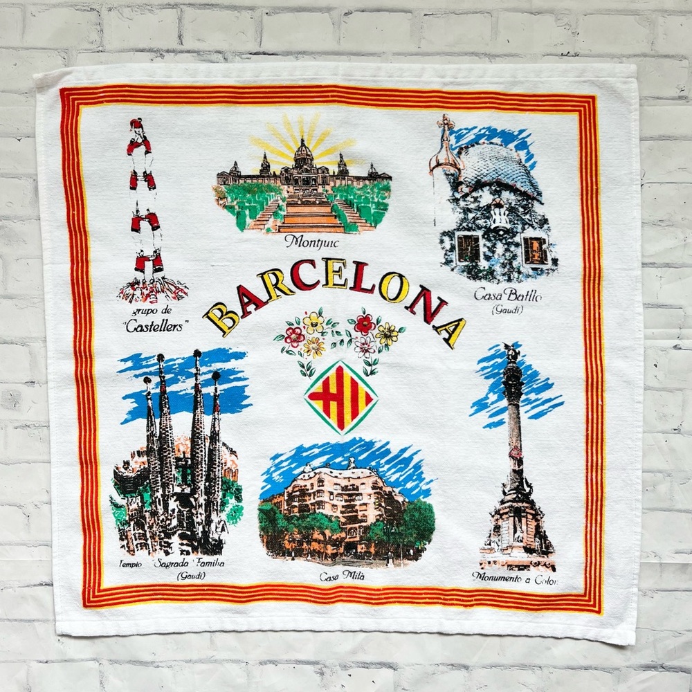 Vintage Barcelona Spain Souvenir Tea Towel Cotton Blend 22x22.5 Tapestry Decor